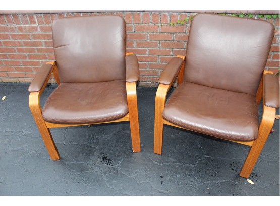 Pair Of Mid Century Leather And Wood Chairs