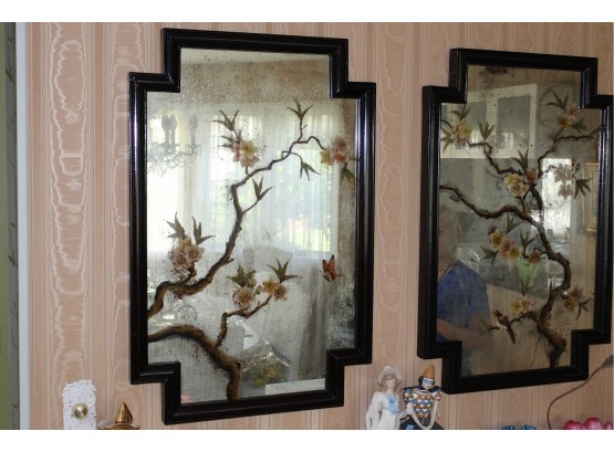 Pair Of Attractive Smoked Glass Asian Style Mirrors