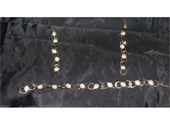 14K Gold Pearl Earrings With Bracelet