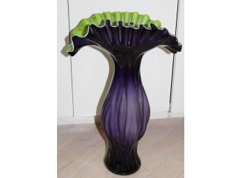 Murano Stunning Glass Ruffled Top Purple And Green Vase