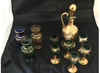 Vintage Venetian Green Glass Gold Gilt Decanter With Glasses & Vases