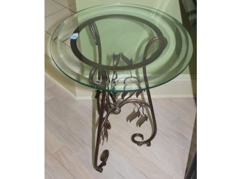 Mid-Century Brass Leaf Design Round Glass Top Accent Table
