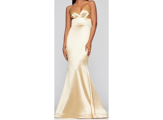 Stunning Faviana Glamour And Stretch Hourglass Gold Satin Evening Gown/Prom Dress - Size 00 - S 10410