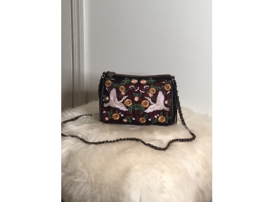 Handcrafted Velvet Handbag With Floral Bird Design