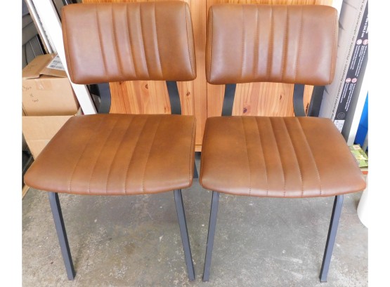 Sunpan Cognac Leather Chairs With Metal Base - Pair Of 2