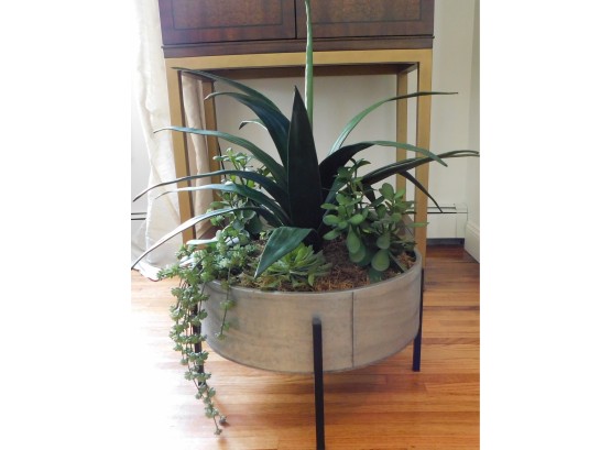 Faux Round Potted Plant With Metal Stand