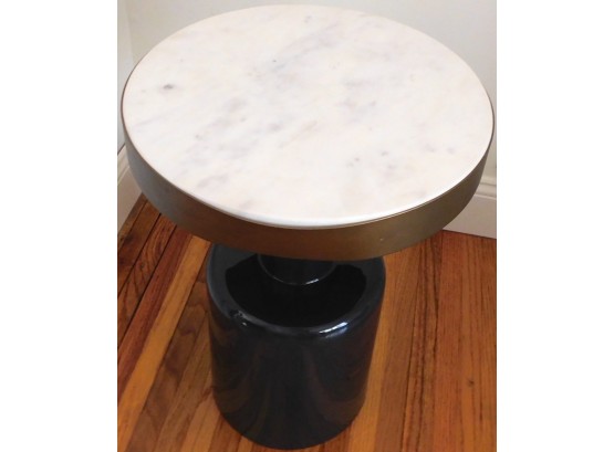 Stylish Modern White Marble Top Side Table With Brass And Blue Enamel Base