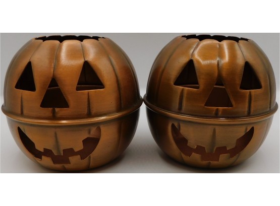 Restoration Hardware Copper Pumpkin Candle Holder Set Of 2 Jack O Lantern Halloween
