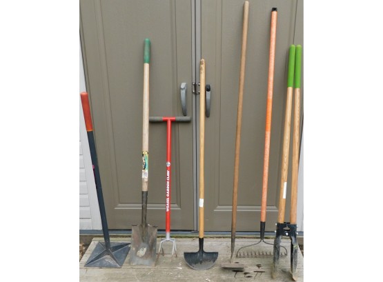 Lot Of Assorted Garden Tools (7) Wood Handle Post Hole Digger