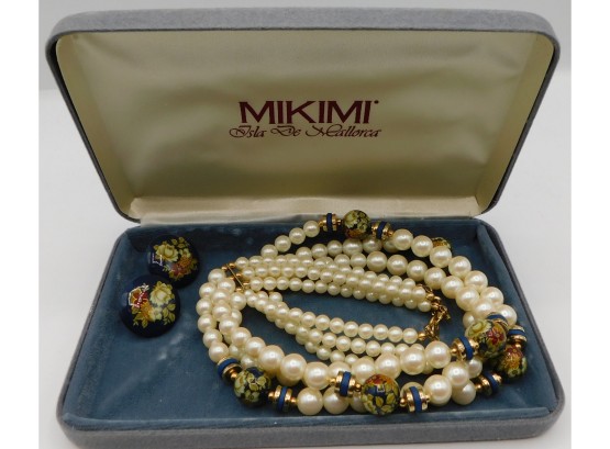 Vintage Mikimi - Isla De Gallorca  3 -Tier Multi-Strand Pearl Necklace With Floral Design & Matching Earrings