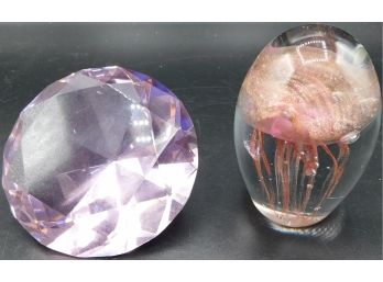 Pink Glass Diamond And Glass Jellyfish Paperweights