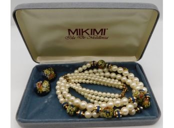 Vintage Mikimi - Isla De Gallorca  3 -Tier Multi-Strand Pearl Necklace With Floral Design & Matching Earrings