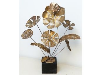 Mid Century Brutalist Torch Cut Brass Flowers - Sculpture - Wooden Base
