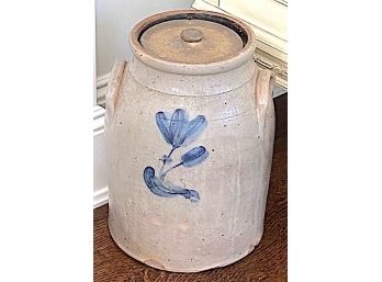 Antique  Stoneware Crock Double Handled With Lid Blue Decorated