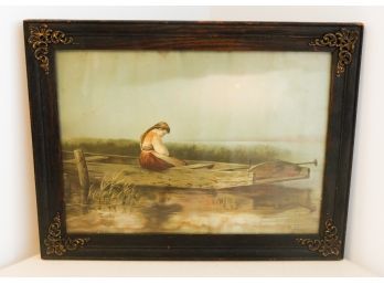 Painting Of Girl On Row Boat - Framed And Matted - L21 X H16'
