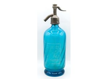 Vintage Blue Etched Glass Seltzer Bottle - Brasserie De Mont Marault Fucleri