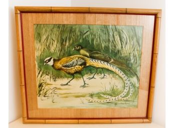 Conrad Roland  Beautiful Print Of Pheasants - Signed - Bamboo Faux Frame L28.5' X H24'
