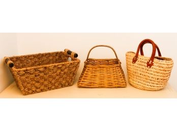 Lot Of Two Whicker Baskets And 1 Handwoven Mini Tote Bag