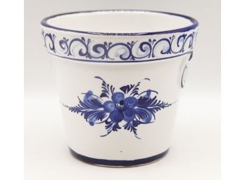 Beautiful Blue And White Pot W/ Floral Design - Hand Painted - Made In Portugal