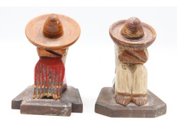 2 Vintage Wooden Mexican Figurines Bookends - Men Sleeping  With Sumbrero