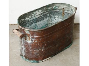 Vintage Copper Boiler Wash Tub Pot With Wood Handle Antique - L26' X H13' X D12'