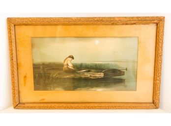 Rare Antique Print Girl In A Boat, Reflections, Moon Light Mary Elkert