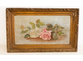 Vintage E. Wight Beautiful Oil On Canvas - Floral Roses- Signed  - Framed - L23.5' X H15' X D2'