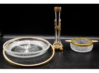 Elegant Ornate Empire Style Gold Toned Cigarette Cut Glass Crystal Ashtray With Vase