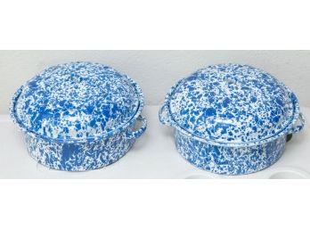 Crow Canyon Home Lot Of 2 Enamelware Blue Marbled Stock Pot With Lid