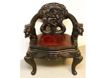 Attractive Hand Carved Rosewood And Ebony Chinese Dragon Chair - L26' X H33.5' X D21'