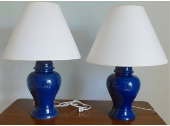 Pair Of Navy Blue Ceramic Lamps