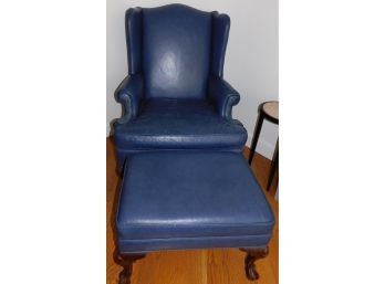 Comfortable Ethan Allen Blue Leather Wing Chair With Ottoman