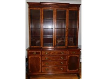 Equisite Mahogany Breakfront Hutch China Cabinet  W/Brass Drawer Pulls