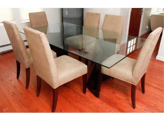 Modern Glass Dining Room Table W/ 6 Faux Suede Chairs -Table L82' X H29' X D46.5' - Chairs L20' X H40' X D21'