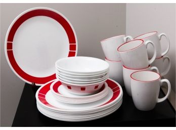 Corelle - Red & White Stoneware - 32 Pieces - Serving Of 6 W/ Extra Pieces