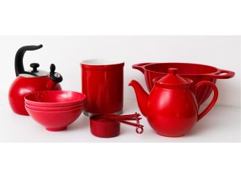 Lovely Red Set Of Kitchenware - Teapot -Tea Kettle - Measuring Spoons - Colander - 3 Plastic Bowls