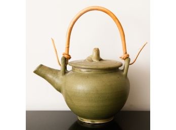 Hand Crafted Green Ceramic Frog Motif Teapot, 'Banana Frog'
