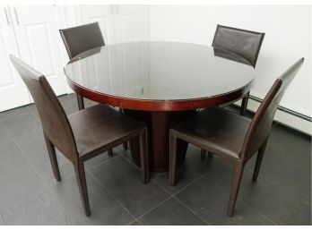 Round Wooden Glass Topped & 4 Faux Leather Dining Chairs -Table 48' Round X H30'- Chairs L18' X H36' X D18'