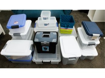 Lot Of 14 Plastic Storage Containers & 5 Baskets/drawer Organizers - 1 Plastic Travel  File Cabinet