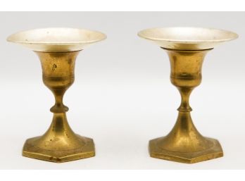 A Set Of 2 Charming Brass Candlestick Holders - 3' Tall
