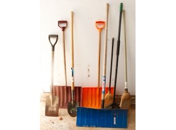 Assorted Lot Of 5 Shovels & 3 Brooms
