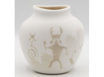 Small Ceramic Unglazed Vase - Primitive Cave Drawing Animals -  Signed T. Benally