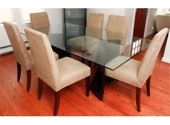 Modern Glass Dining Room Table W/ 6 Faux Suede Chairs -Table L82' X H29' X D46.5' - Chairs L20' X H40' X D21'