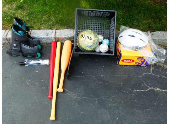 Lot Of Sports Equipment - Bats - Rollerblades Size 7.5 - Bell Helmet - Baseballs & Soccor Ball