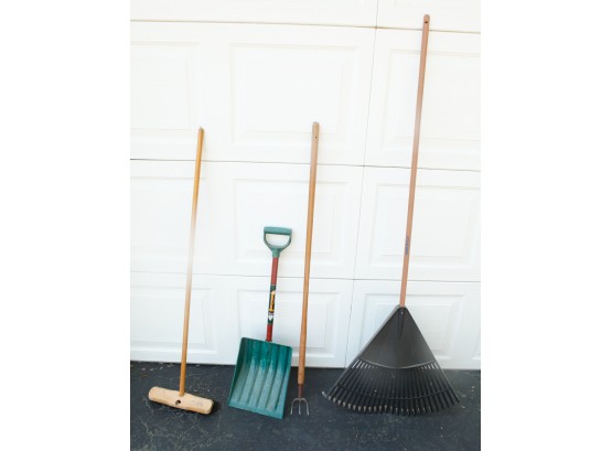 Lot Of Assorted Tools - Rake, Hoe, Shovel, Push Broom