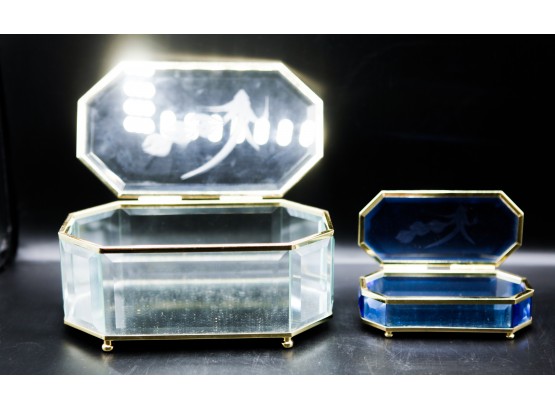 Lot Of 2 Clear Glass Box Beveled Jewelry Box Decorative Keepsake Gift Home Decor - Blue & Clear