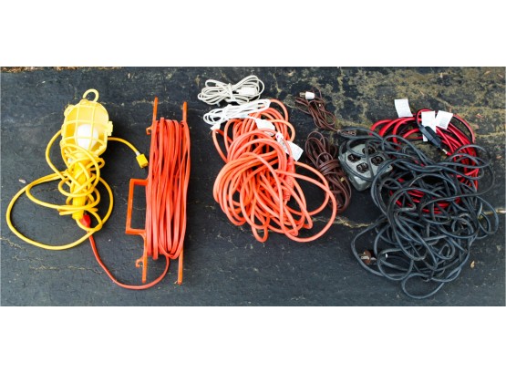 Lot Of 8 Extension Cords And 1 Yellow Hanging Light