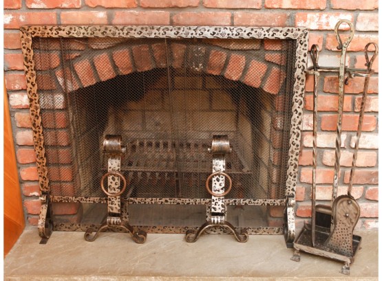 Fire Place Set - Screen - Fire Place Tools & Pair Of Andirons - Screen L38' X H31' X D2'