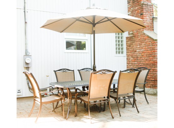 Cast Iron Patio Table W/ 6 Chairs & Umbrella - Protective Furniture Cover Included - Size Is In Description