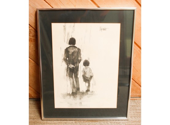 VINTAGE 1970'S ALDO LUONGO CHARCOAL PRINT SIGNED FRAMED FATHER & SON WALKING - L16' X H21'